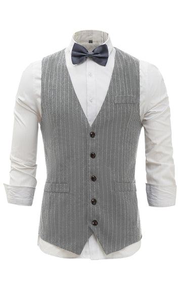 Gilet pour homme gris clair à rayures avec ensemble d’accessoires 5 pièces